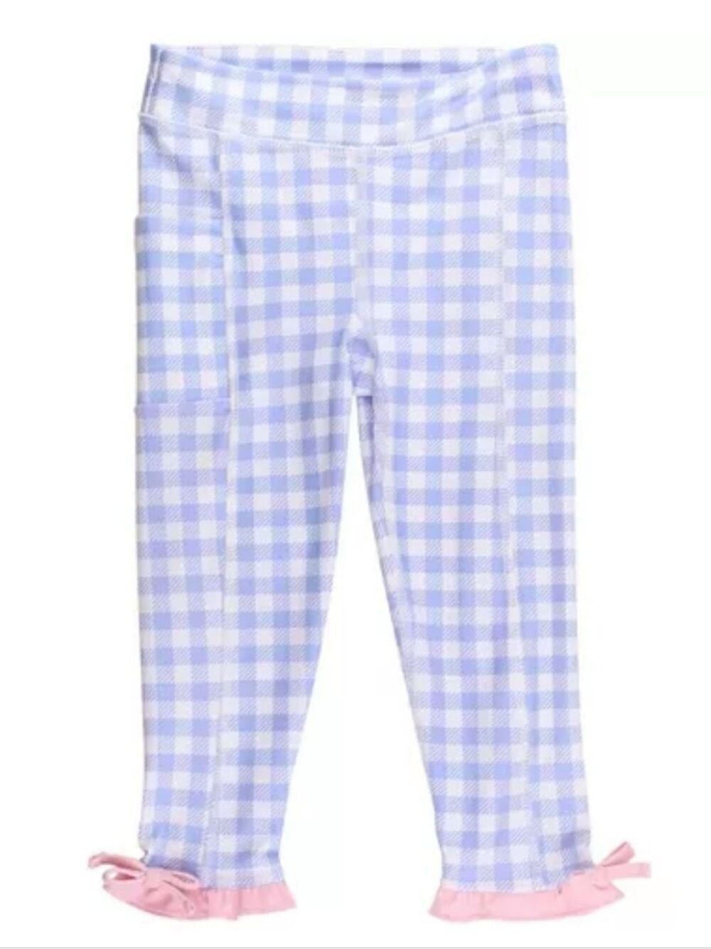 RuffleButts Girls UPF50+ Active Pocket Ruffle Legging - Periwinkle Blue Gingham